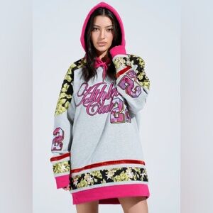 AKIRA Gray and Pink Floral‎ Hoodie Dress